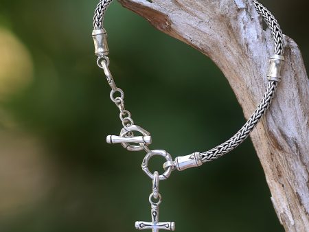 Bamboo Spiritual Hand Crafted Sterling Silver Cross Charm Bracelet from Bali Cheap