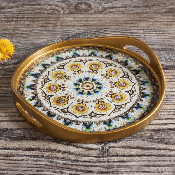 Blue Andean Mandala Andean Sunflower Theme Reverse-Painted Glass Tray Discount